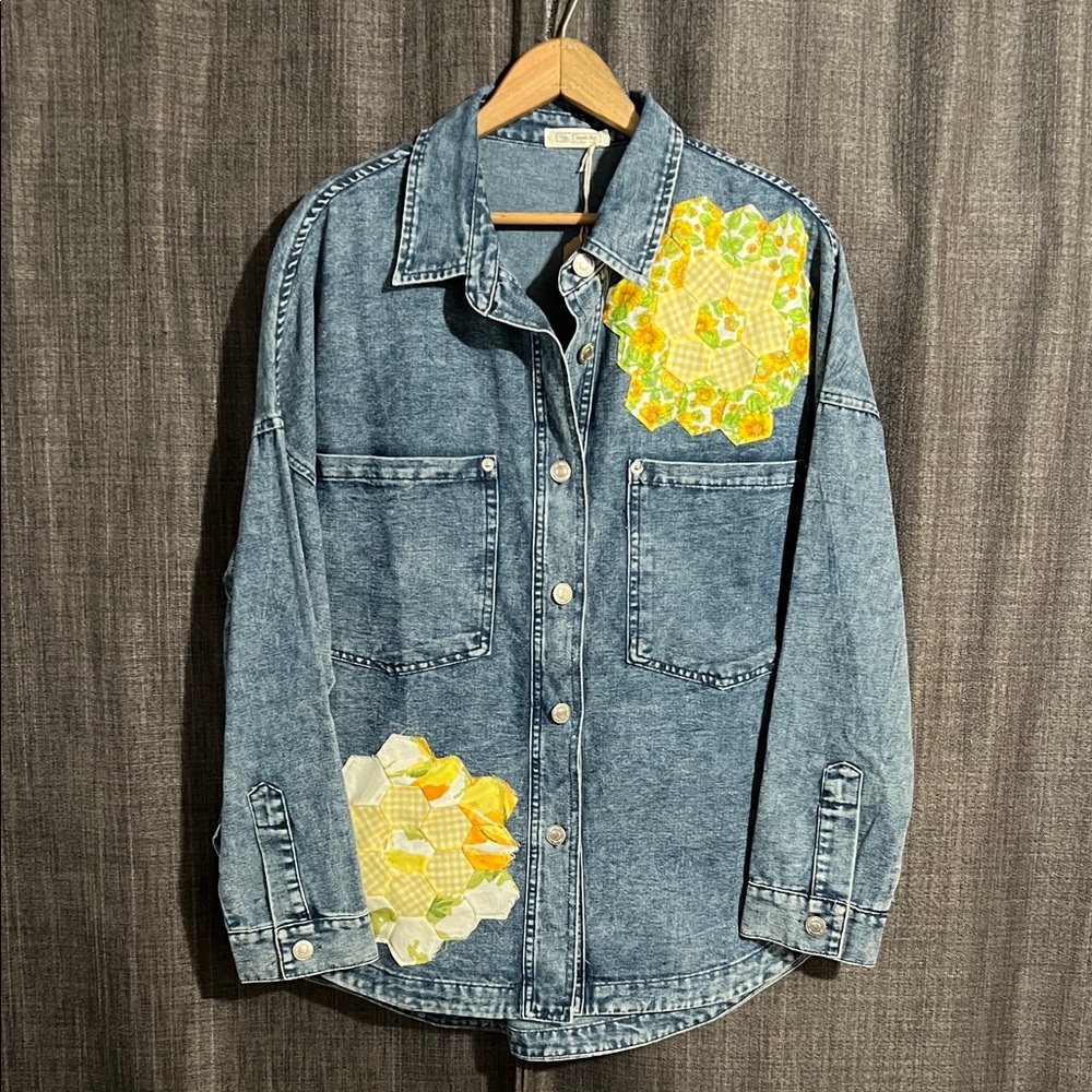 Handmade upcycled denim button down small-medium shirt with scrap design